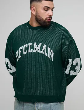 Herren Plus Gerippter Strick Oversized Distressed Varsity Pullover Forest Größe 2XL - boohooMAN - FashionsVida