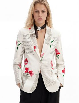 Blazer droit texte fleurs, Coton, Blanc, XS