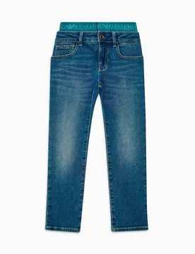 Jeans a lavaggio medio stone washed in cotone stretch con fascia elastica logata ottanio - Emporio armani - FashionsVida