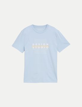 Basic T-Shirt mit Logo Print Blau L