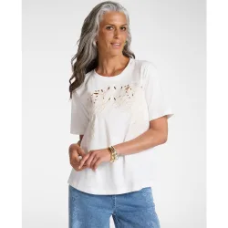Camiseta de mujer con bordado floral y mangas cortas