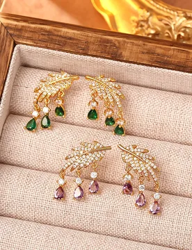 Fashionable and exquisite ultra-shimmering leaf green zircon water drop tassel earrings temperament flower earrings - Aliexpress - FashionsVida