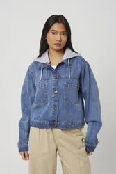 Denim Womens Jacket Detachable Jersey Hood - - Size: 10