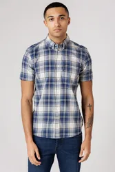 Mens Blue Cotton Short Sleeve Checked Chest Pocket Shirt - Size X-Large