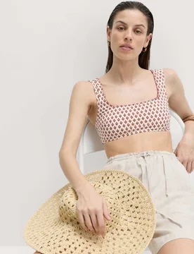 Printed Scoop Neck Whipstitch Bikini Top Red Mix female - M&S - FashionsVida