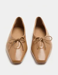 Leather Slip On Flat Pumps Camel female