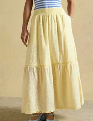 Pure Cotton Broderie Maxi Tiered Skirt Yellow Mix female