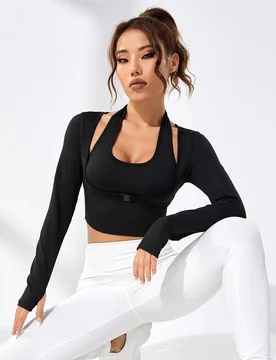 Top de tirantes de verano FeatherFit™ con manga larga curvada y efecto adelgazante para la cintura, apto para yoga de bajo impacto y actividades dia - Shein - FashionsVida