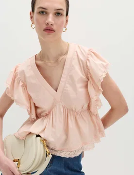 Pure Cotton Ruffle Embroidered Detail Blouse Peach female - M&S - FashionsVida