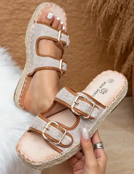 Sandalias tipo mule planas de mujer estilo francés con doble hebilla, tejidas en lino y paja, punta abierta, suela de yute, correa ajustable con hebi - Shein - FashionsVida