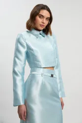 Forever Satin Twill Cropped Wrap Tailored Jacket - Pale Blue - Size: 8