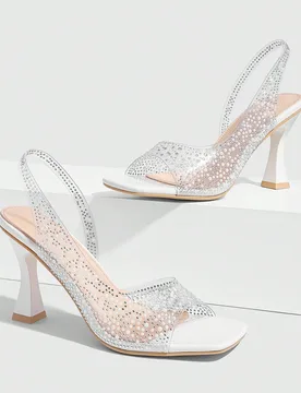 Sandalias de tacón grueso con diamantes de cristal decorativos, de moda y encantadoras para mujeres, de color blanco perla, de material TPU transpare - Shein - FashionsVida