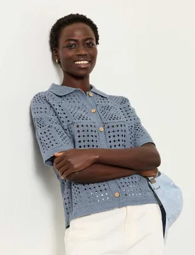 Cotton Rich Collared Knitted Top Blue female - Fatface - FashionsVida