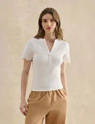 Cotton Rich Broderie Notch Neck Top White female