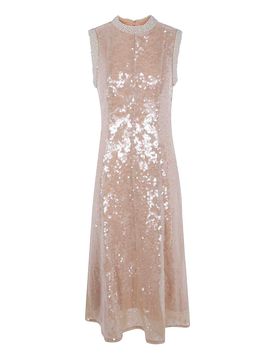 Abito midi con finiture in paillettes e perle