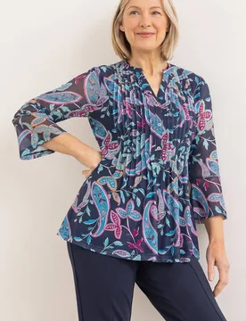 Paisley Printed Mesh Top - Navy - Size: L - Anna Rose - FashionsVida