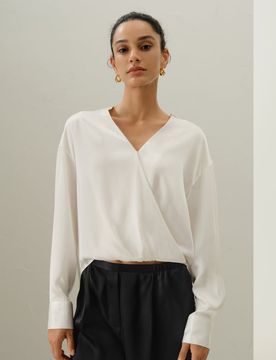 Donna Blusa Seta Charmeuse Scollo a V Coreana Bianco XL
