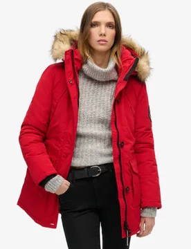 Superdry Damen Everest Parka mit Kunstfellkapuze Rot - Größe: 36 - 199.99 - FashionsVida