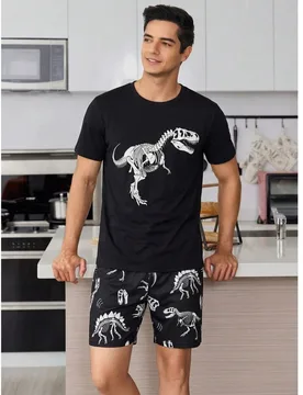 Conjunto de pijama para hombre con estampado de esqueleto de dinosaurio, camiseta de manga corta y pantalones largos - Shein - FashionsVida