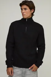 Herren Normal Geschnittener Gerippter Strickpullover Mit Viertelreißverschluss Black Größe Small
