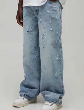 Herren Verblasste Waschung Extrem Destroyed Weite Jeans Hosen Light Blue Größe 32R - boohooMAN - FashionsVida