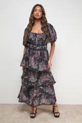 Puff Sleeve Tiered Midaxi Dress - Black - Size: 12