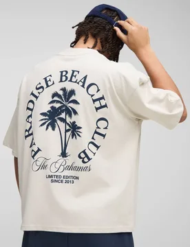 Men's Oversized Boxy Extended Neck Paradise Beach Club Palm Tree T-Shirt Stone Size X-Large Stone XL - boohooMAN - FashionsVida