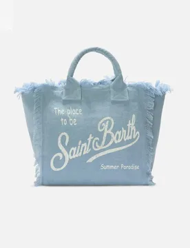 Borsa Vanity azzurra in lino con scritta logo bianca stampata e frange lungo i profili - MC2 SAINT BARTH - FashionsVida
