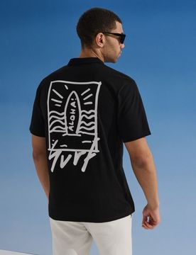 Maglietta polo in cotone con stampa estiva - nero