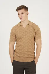 Mens Light Tan Open Collar Knitted Polo Shirt - Mocha - Size Small