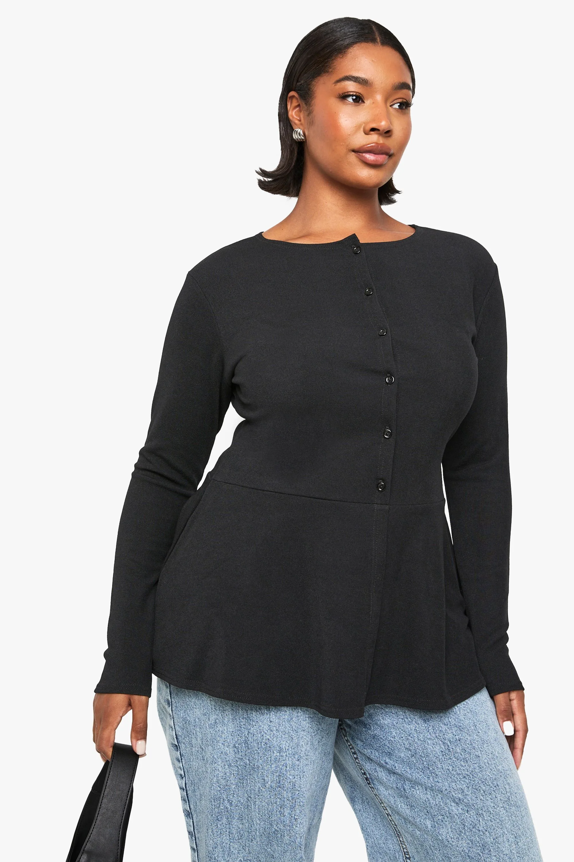 Womens Plus Rib Button Down Peplum Top - Black - Size 22 Uk - Boohoo - FashionsVida