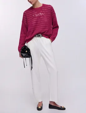 Maglia girocollo Liu Jo Sport ciclamino in tessuto délavé traforato sul davanti con logo in strass - Liujo - FashionsVida