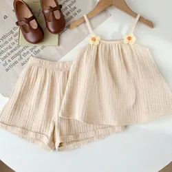 Conjunto de top de tirantes de ganchillo floral y shorts con ribete de ganchillo para niña joven, conjunto de mono estilo occidental, marrón