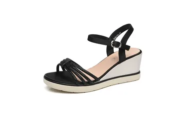 Women's Sparkly Glitter Ankle Strap Buckle Wedge Sandals in Black Size: 7 - Black - Size: 7