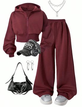 Set de 2 piezas de sudadera con capucha de felpa y pantalones holgados con cordón en la cintura con estampado floral gris para niñas, conjunto depor