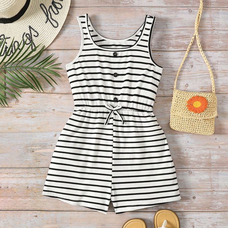 Mono holgado de punto con rayas negras y blancas y cintura ceñida para niñas preadolescentes, atuendo casual y versátil para salir, sesión de foto