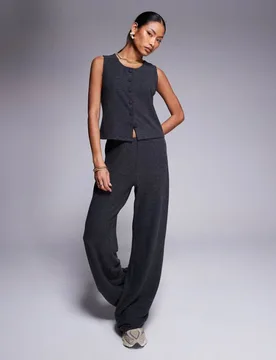 Womens Co-Ord Brushed Rib Wide Leg Trouser In Charcoal - Size X-Small - ASOS DESIGN - FashionsVida