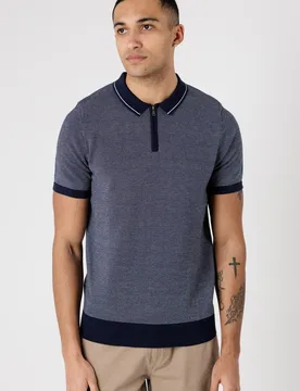 Mens Textured Zip Neck Polo Shirt - Kensington - FashionsVida