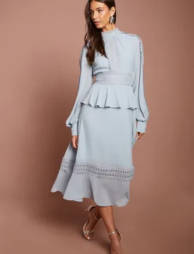 Women's Lace Trim Detail Long Sleeve Midi Dress in Dusty Blue Size: 14 - Dusty Blue - Size: 14 - Coast - FashionsVida