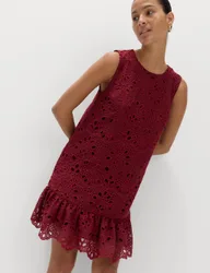 Broderie Cutwork Detail Mini Shift Dress Wine female