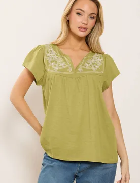 Embroidered Cotton Notch Neck Top - Lime - Size: 16 - M&Co - FashionsVida