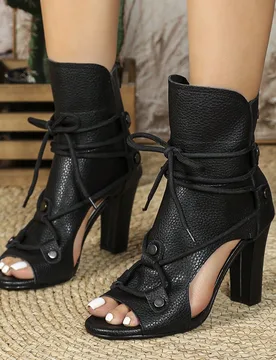 Sandalias romanas retro de encaje hueco en blanco y negro, botines y botines de punta abierta de talla grande para mujer, de moda, de ajuste ancho, pa - Shein - FashionsVida