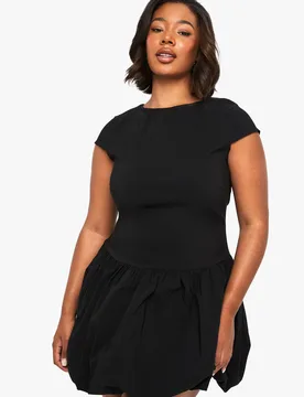 Womens Plus Bengaline Cap Sleeve Puffball Mini Dress - Black - Size 20 Uk - Boohoo - FashionsVida
