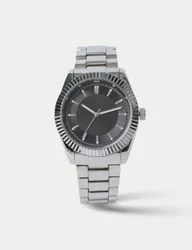 Silver Tone Round Face Metal Strap Watch Silver male