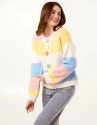 Multi Coloured Striped Cardigan With Flower Buttons - S/M / YELLOW - female
