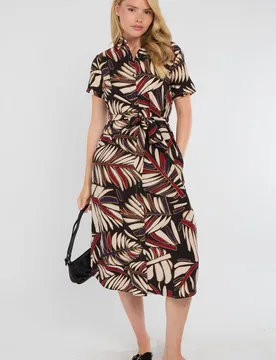 Women's Black Bold Leaf Print Midi Shirt Dress Size: 12 - Black - Size: 12 - LOVE SUNSHINE - FashionsVida