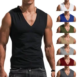 New Summer Men's Solid Color V-Neck Vest, Casual Breathable Sleeveless T-Shirt Waistcoat 23058