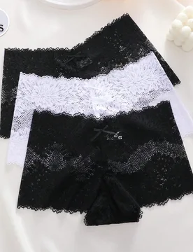 Set de 3 bragas de encaje floral con moño de unicolor, ropa interior sexy y romántica para mujeres - Shein - FashionsVida