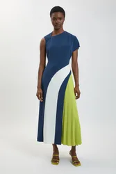 Womens Petite Soft Tailored Colour Block High Neck Pleated Midi Dress - Navy - Size 8 Uk