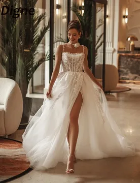 SoDigne A-line Tulle Wedding Dresses Square Collar Sleeveless Appliques Bridal Dress Long Wedding Gown Robe De Mairee Customized - Aliexpress - FashionsVida